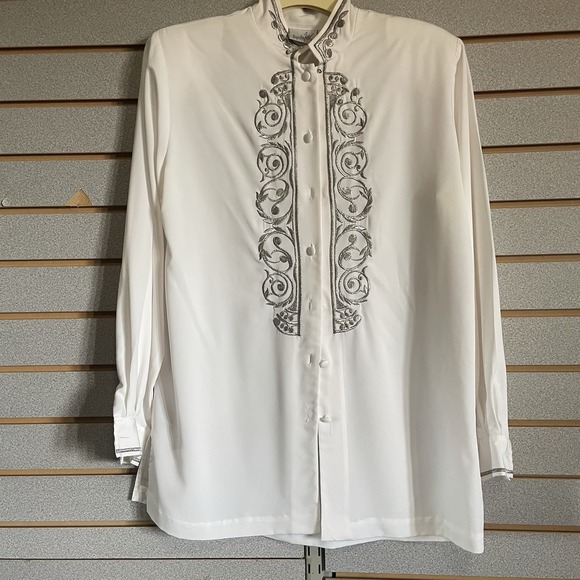 Jacqueline Ferrar L/S Top Shirt Blouse‎ Button Up White W/Silver Embroidery VTG - Picture 1 of 8